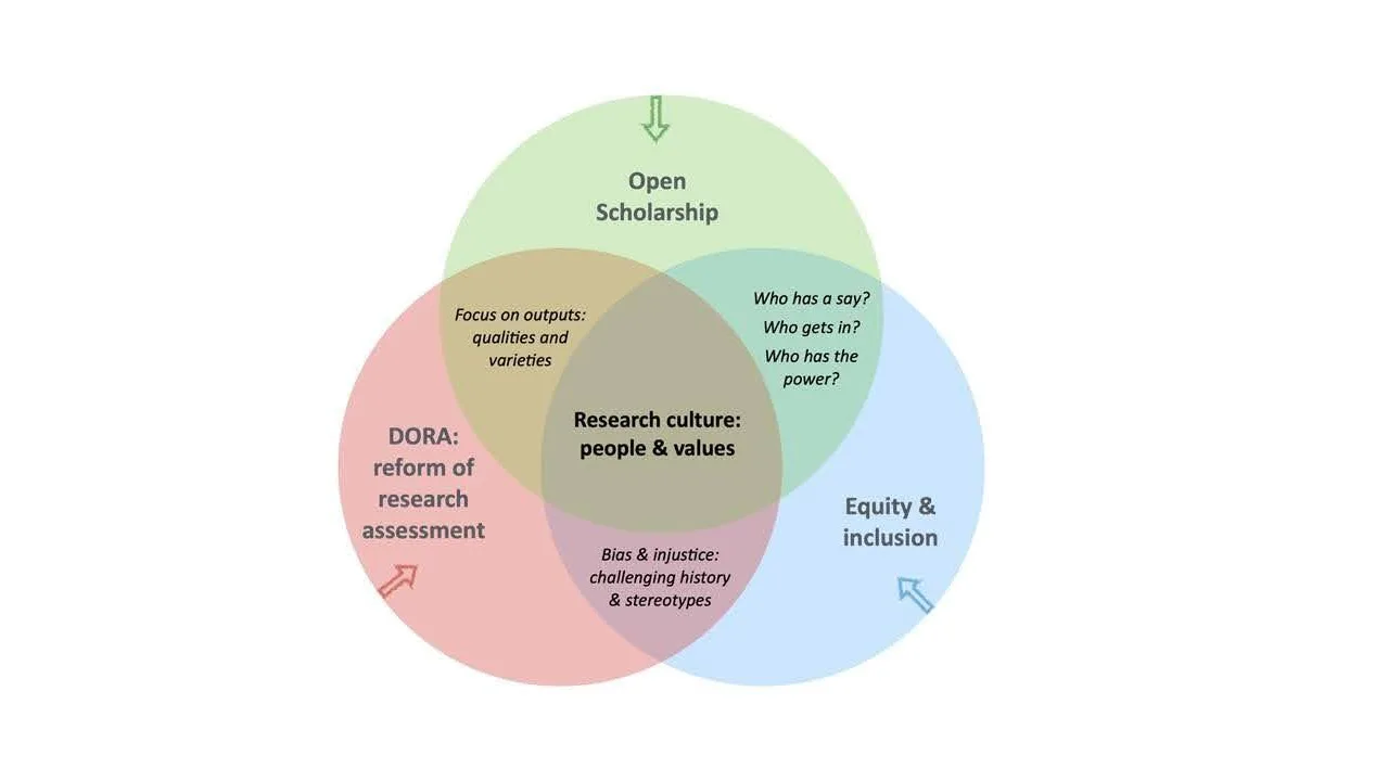 The concepts of (i) research assessment reform, (ii) open scholarship, and (iii) equality and inclusion cannot be treated separately. They interact strongly and in many complex ways – presented only in broad outline here – and are converging to create a research culture that is centred on people (practitioners and beneficiaries) and on values that embody the highest aspirations of a diverse world.