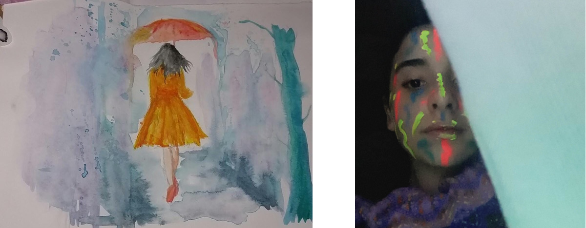 Artwork from Usina da Imaginacao's project - a watercolor painting of a girl in the rain, and a photographic portrait of a young person's face.